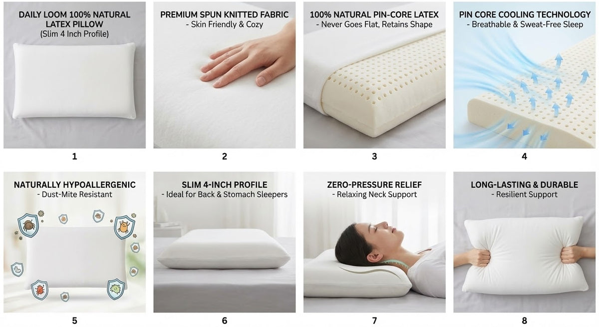 Daily Loom Pure Natural Latex Pillow (Slim 4") - Premium Spun Knitted Shell | Cooling, Lump-Free Takiya | Zero-Pressure Orthopedic Support for Stomach & Back Sleepers (26x16x4 Inch)